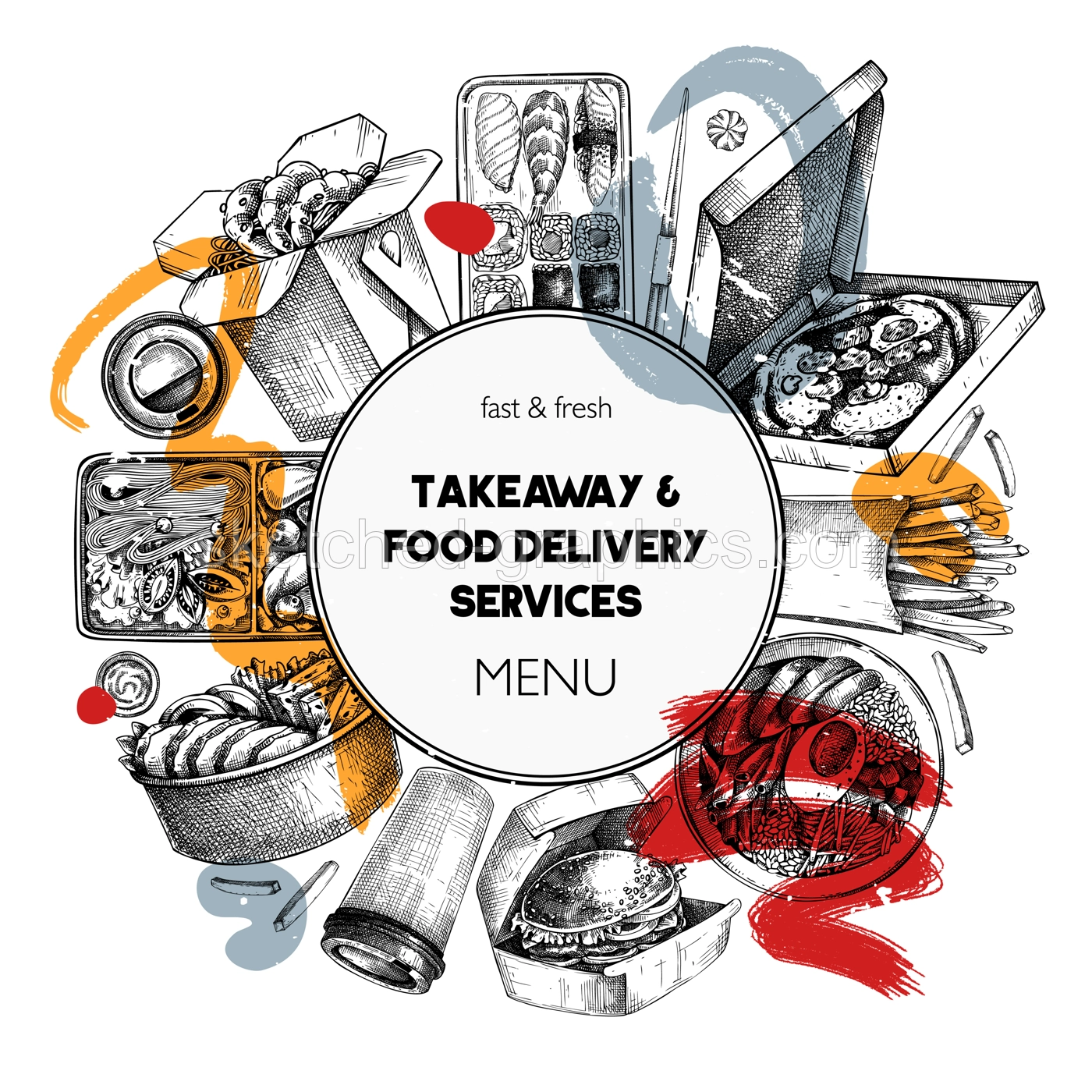 Collage style fast food wreath. Hand-drawn vector illustratio. Burger, pizza box, paper bag, coffee cup sketch. Takeaway food menu design. Restaurant delivery frame template. trendy background Illustration